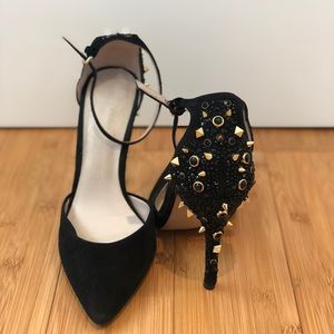 Suede black pointed heel with gold studs/hardware